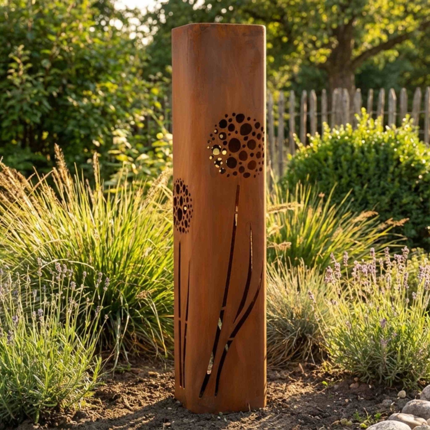 Rostikal Gartendekoration aus Edelrost im Grünen
